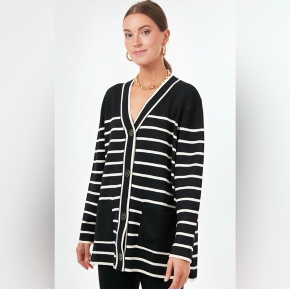 A23 Tuckernuck Striped Cardigan Sweater Black White Gold Button V-Neck M Minimal